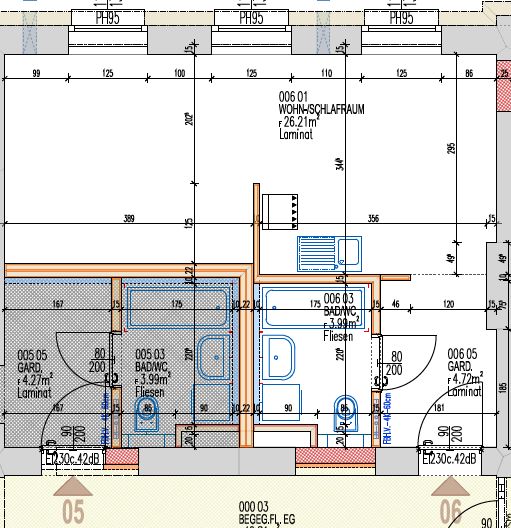 Grundriss einer Wohnung mit Schlafzimmer, Badezimmer und Garderobenbereich in deutscher Beschriftung.