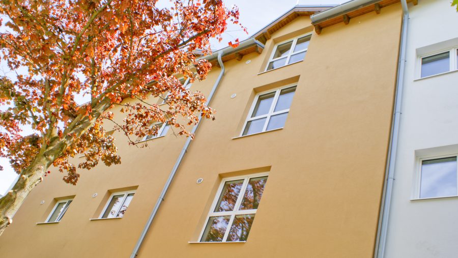 Wohngebäude mit orangefarbener Fassade und Herbstbaum im Vordergrund.